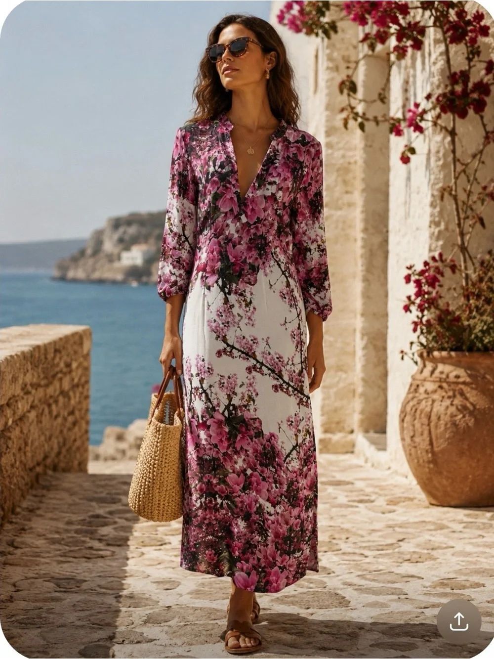 STILLWATER Floral V-Neck Maxi Dress in Pink and White Size Medium
